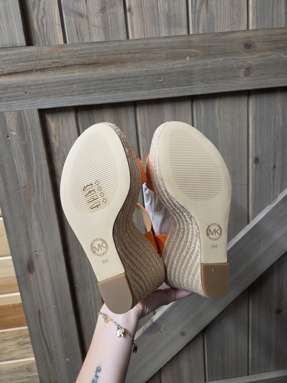 Michael Kors Orange Leather Espadrille Wedge Sandals with Gold MK Accent - Picture 3 of 3